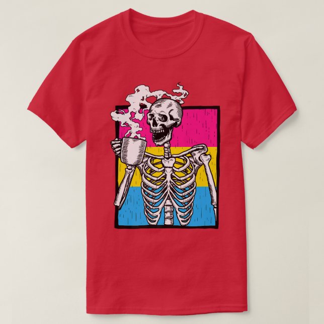 Skeleton Drinking Coffee LGBTQ Panseual Pride Pan  T-Shirt (Design Front)