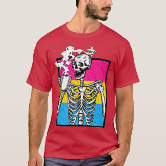 Skeleton Drinking Coffee LGBTQ Panseual Pride Pan  T-Shirt
