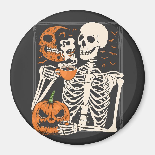 Skeleton Drinking Coffee Lover Halloween Skull Cir Magnet (Front)