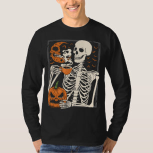 Skeleton Drinking Coffee Lover Halloween Skull ML T-Shirt