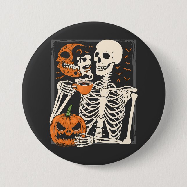Skeleton Drinking Coffee Lover Halloween Skull RO 7.5 Cm Round Badge (Front)