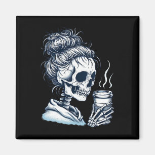 Skeleton Drinking Coffee Messy Bun Women Halloween Magnet
