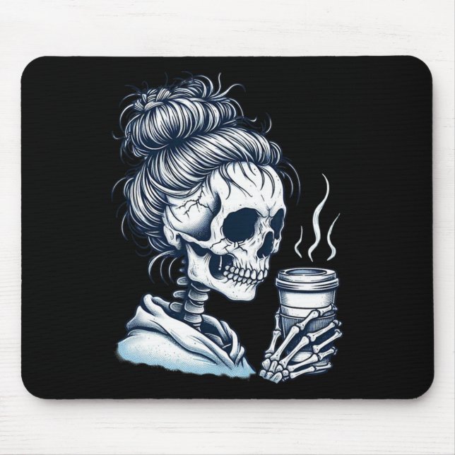 Skeleton Drinking Coffee Messy Bun Women Halloween Mouse Mat (Front)