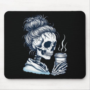Skeleton Drinking Coffee Messy Bun Women Halloween Mouse Mat