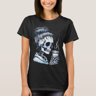 Skeleton Drinking Coffee Messy Bun Women Halloween T-Shirt