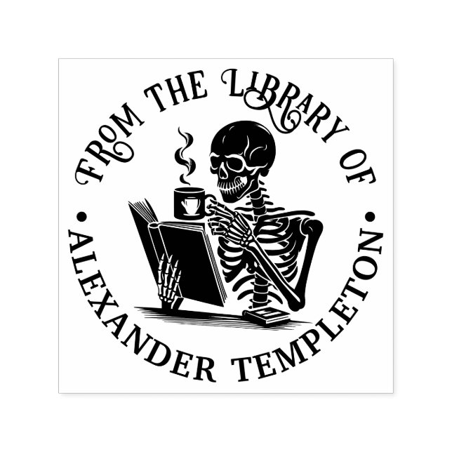 Skeleton Drinking Coffee Reading Book #2 Name Self-inking Stamp (Design)