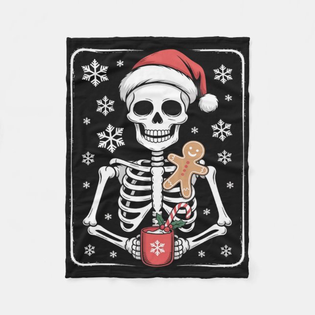 Skeleton Drinking Coffee Santa Hat Christmas  Fleece Blanket (Front)