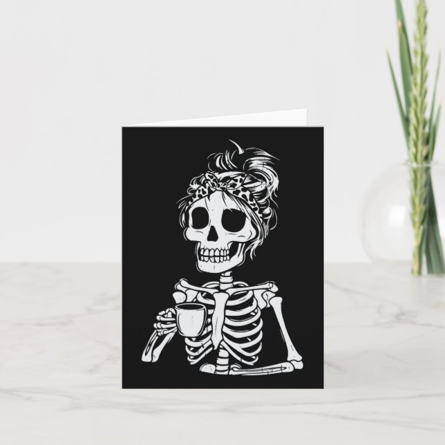 Skeleton Drinking Coffee Skull Funny Halloween Wom Card (Front)