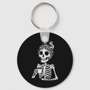 Skeleton Drinking Coffee Skull Funny Halloween Wom Key Ring