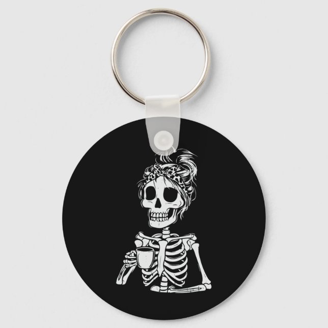 Skeleton Drinking Coffee Skull Funny Halloween Wom Key Ring (Front)