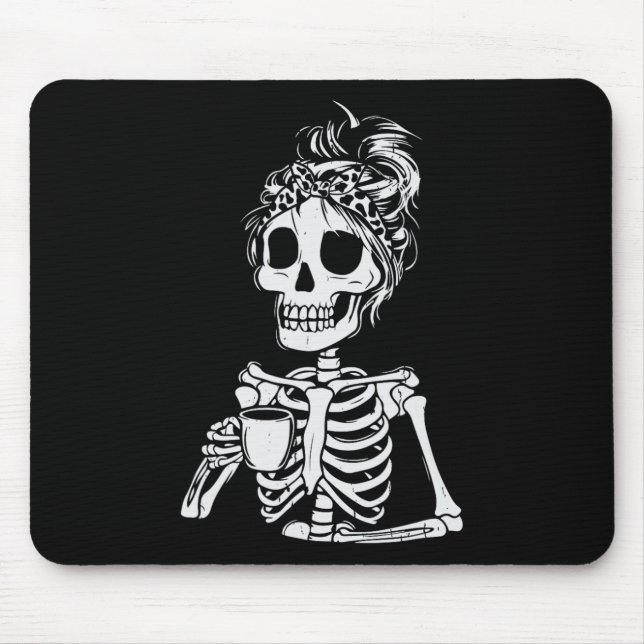Skeleton Drinking Coffee Skull Funny Halloween Wom Mouse Mat (Front)