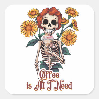 Skeleton Drinking Coffee Sunflowers Square Sticker