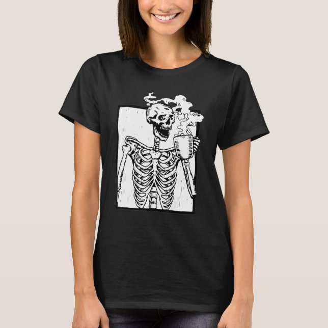Skeleton Drinking Coffee T-Shirt (Front)