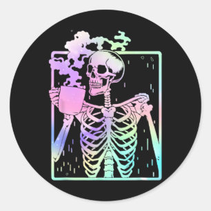 Skeleton Drinking Coffee Women Men Halloween Costu Classic Round Sticker