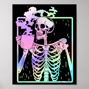 Skeleton Drinking Coffee Women Men Halloween Costu Poster