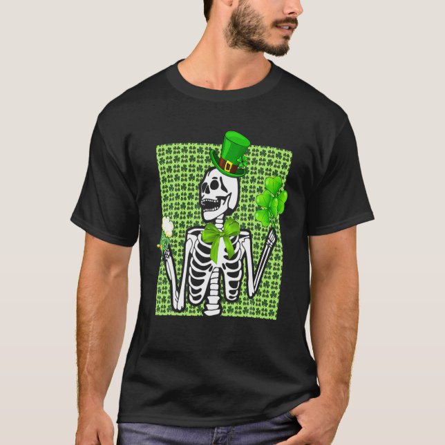 Skeleton Drinking Green Beer St Patrick's Day Iris T-Shirt (Front)