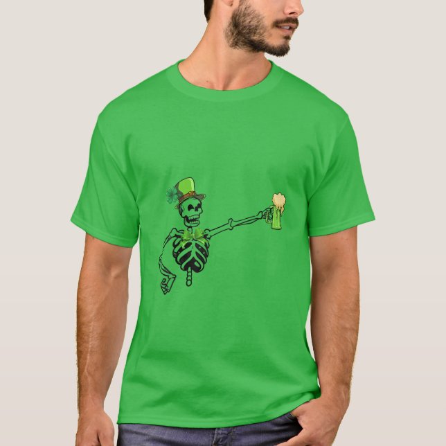 Skeleton Drinking Green Beer St. Patricks Day Iris T-Shirt (Front)