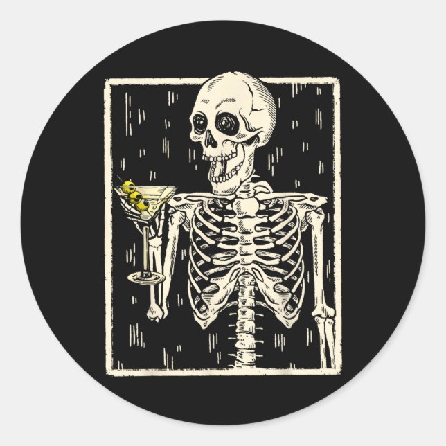 Skeleton Drinking Martini Tail Retro Halloween Cos Classic Round Sticker (Front)