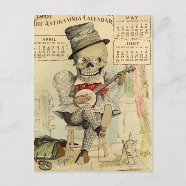 SKELETON Dude, Goth, Banjo Player, 1901 Calendar Postcard (Front)