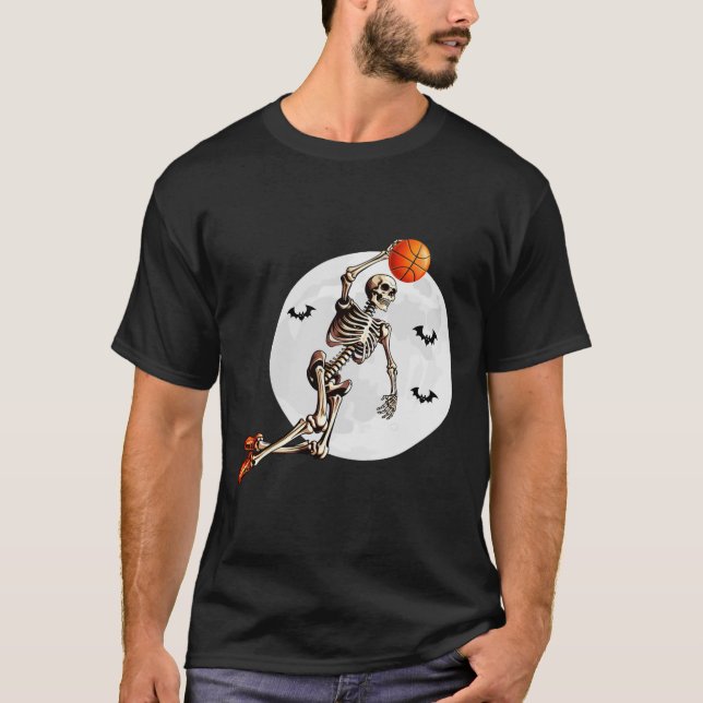 Skeleton Dunk Basketball Player Halloween Moon  T-Shirt (Front)