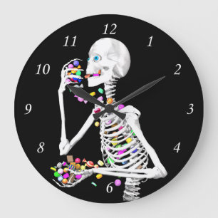 Skeleton Eating Halloween Candy Large Clock
