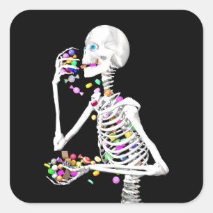 Skeleton Eating Halloween Candy Square Sticker