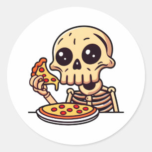 Skeleton Eating Pizza Cartoon Classic Round Sticker