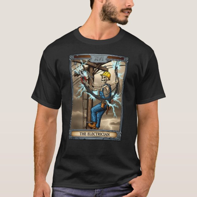 Skeleton Electrician Tarot Card Funny Halloween T-Shirt (Front)