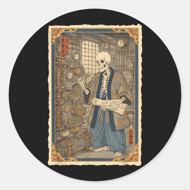 Skeleton Engineer Steampunk Samurai Gothic Art For Classic Round Sticker (Front)