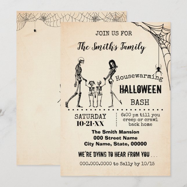 Skeleton Family Housewarming Halloween Party Bash Invitation (Front/Back)