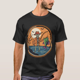 Skeleton Fisher Autumn Scene Funny Halloween Fishi T-Shirt