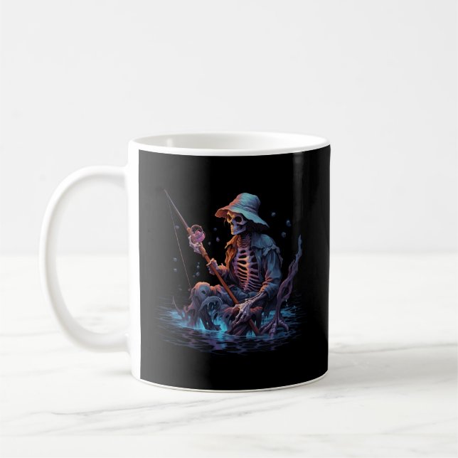 Skeleton Fishing Halloween Bass Fisher Skeleton Coffee Mug (Left)
