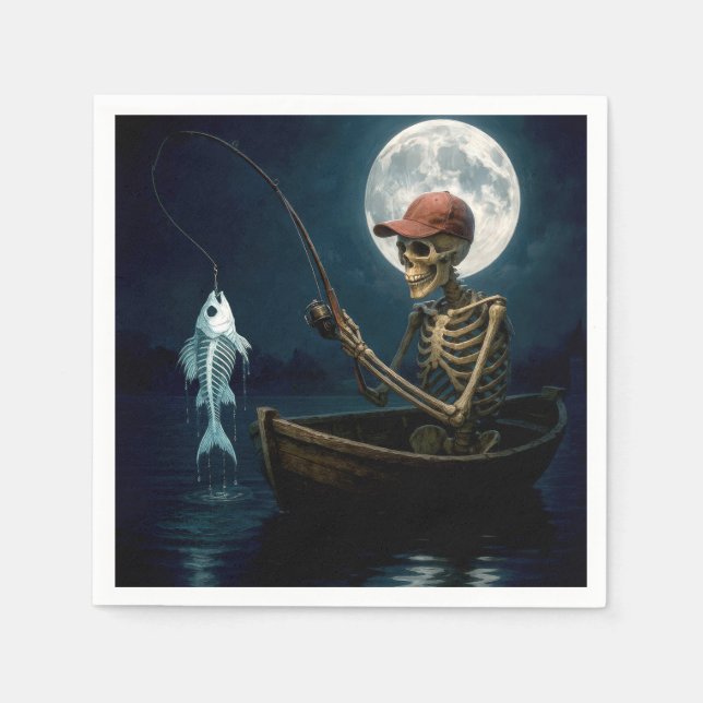 Skeleton Fishing In a Wooden Rowboat Napkin (Front)