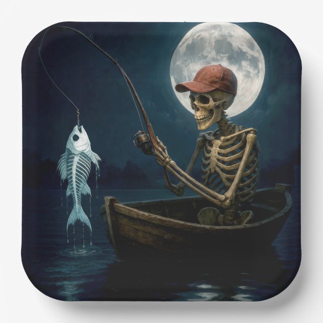 Skeleton Fishing In a Wooden Rowboat Paper Plate (Front)