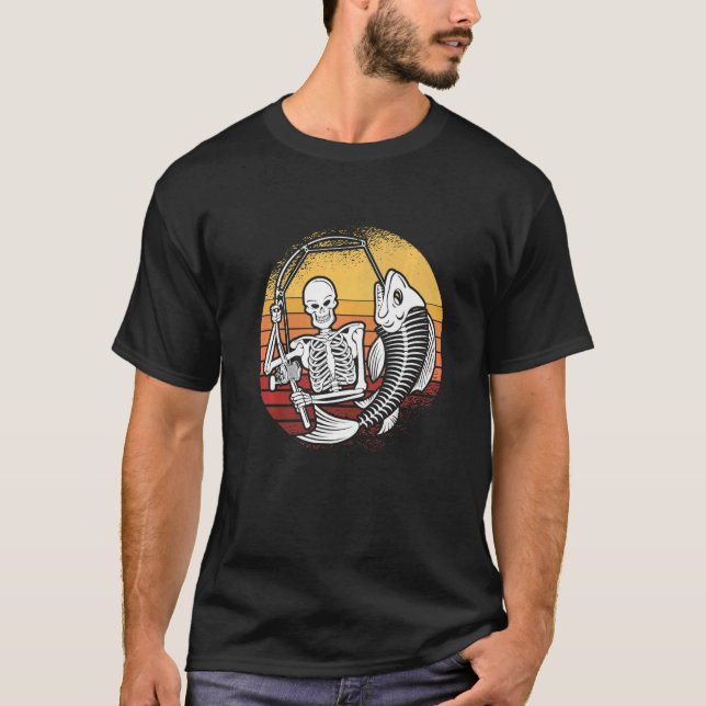 Skeleton Fishing Lazy Halloween Costume Retro Fish T-Shirt (Front)