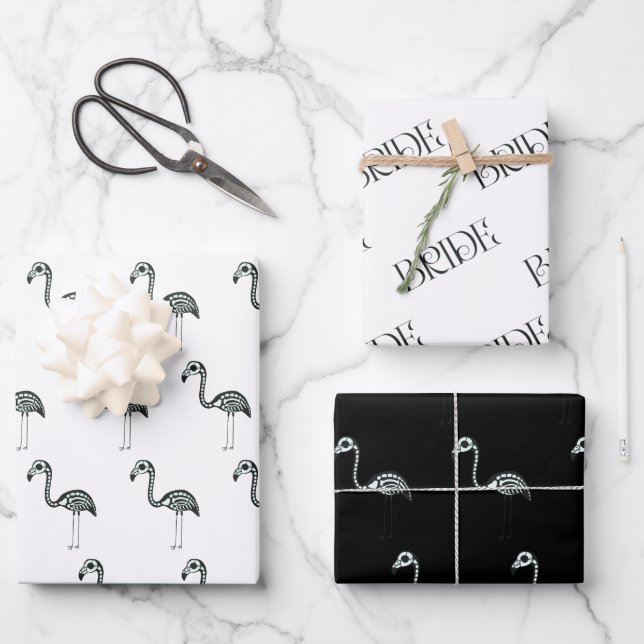 Skeleton Flamingo Bridal Shower Halloween Wrapping Paper Sheet (Front)