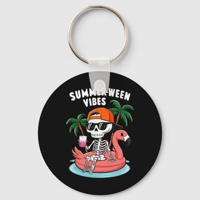 Skeleton Flamingo Summerween Vibes Halloween Boys  Key Ring (Front)