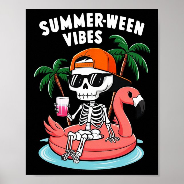 Skeleton Flamingo Summerween Vibes Halloween Boys  Poster (Front)
