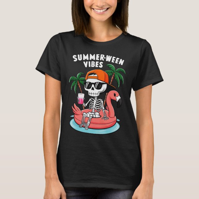 Skeleton Flamingo Summerween Vibes Halloween Boys  T-Shirt (Front)