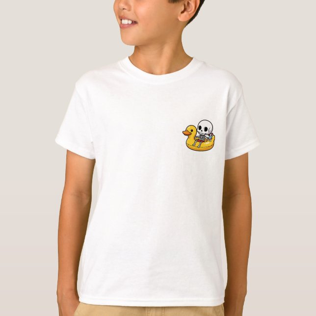 Skeleton Floating on Duck Pool Ring Kids T-Shirt (Front)