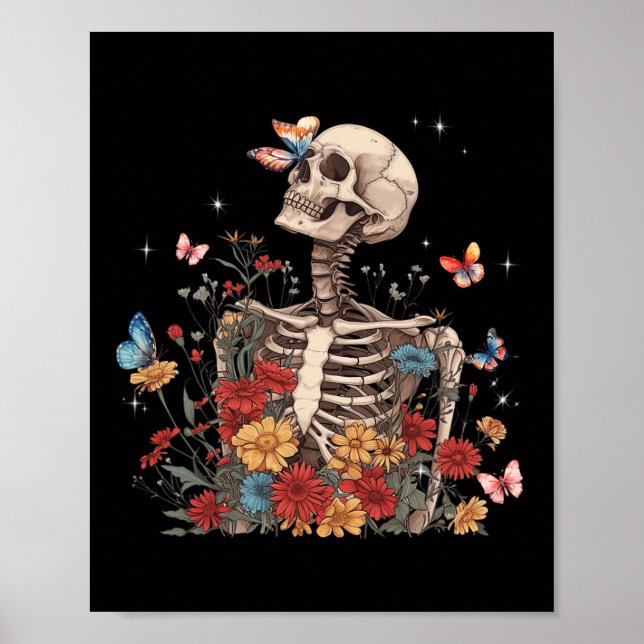 Skeleton Flowers Butterfly Floral Halloween Men Wo Poster (Front)