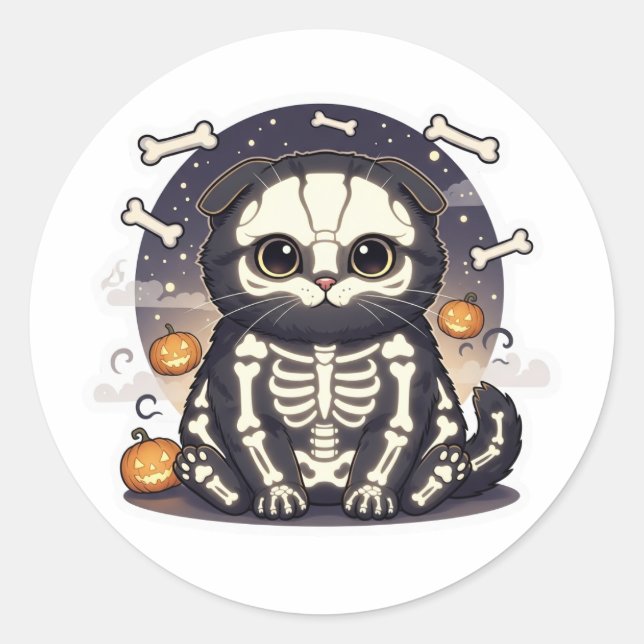 Skeleton Fold – Cute Scottish Fold Skeleton Cat  Classic Round Sticker (Front)