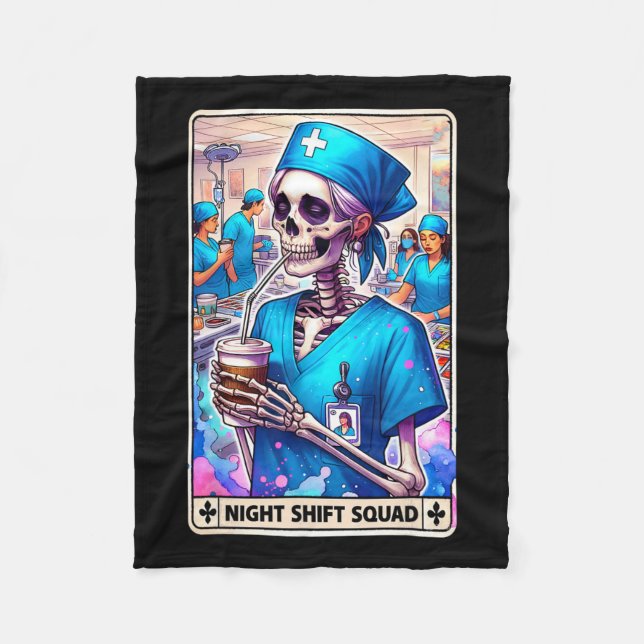 Skeleton Funny Tarot Card Night Shift Squad Hallow Fleece Blanket (Front)
