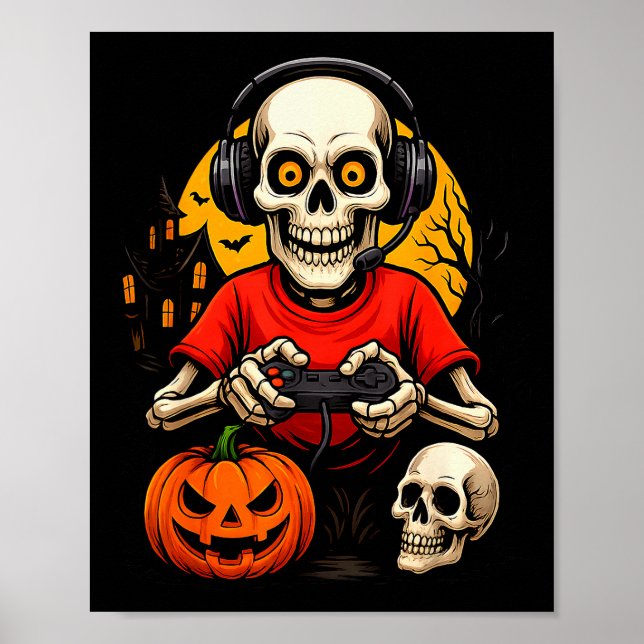Skeleton Gamer Playing Video Games Halloween Spook Poster (Front)