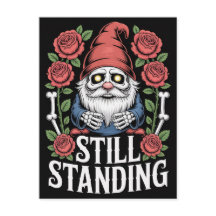 Skeleton garden gnome with roses and text