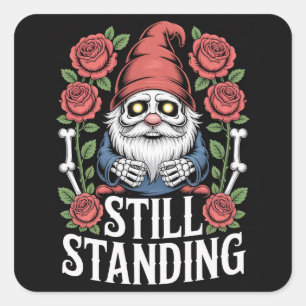 Skeleton garden gnome with roses and text square sticker