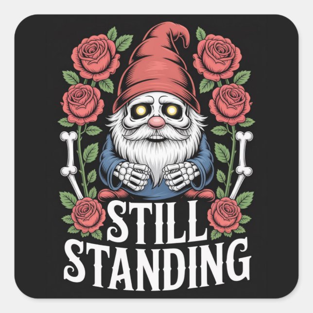 Skeleton garden gnome with roses and text square sticker (Front)