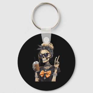 Skeleton Girl Drinking Coffee Peace Sign Graphic F Key Ring