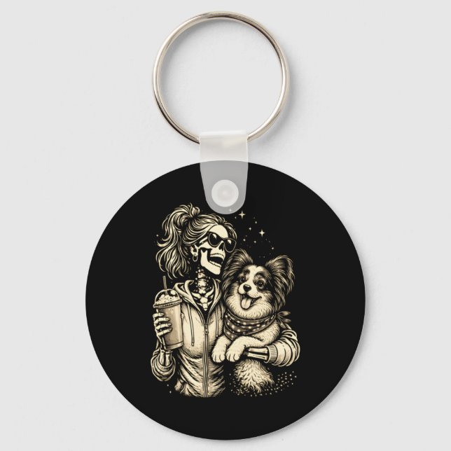 Skeleton Girl Hugging Papillon Dog Cute Coffee Key Ring (Front)