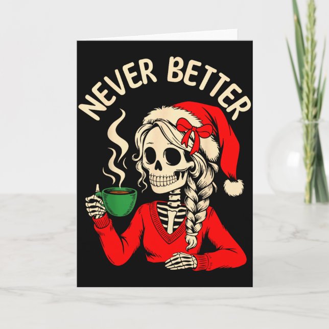 Skeleton Girl Santa Drinking Coffee Xmas Funny Sku Card (Front)
